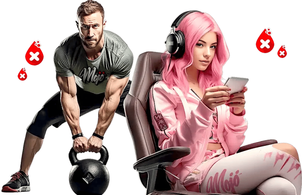 Pria mengangkat kettlebell di samping gadis gamer dalam tracksuit Mojo