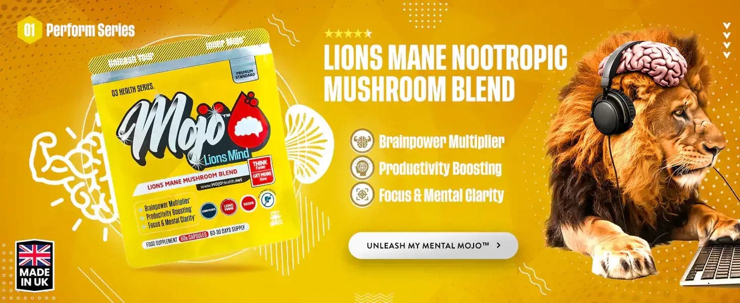 Mojo Lions Mind โ campuran jamur nootropik surai singa: pengganda kekuatan otak, meningkatkan produktivitas, fokus dan kejelasan mental. Bebaskan Mojo mental saya.